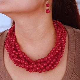 Aimimier 1920s Multilayer Twisted Beads Cluster Choker Necklace Chunky Ball Statement Necklace Fashion Jewelry for Women (Red)