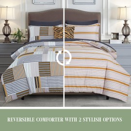 Elegant Comfort 8-Piece Animal Print Patch Reversible Comforter Set - All Season Bed in a Bag, 4-Piece Sheet Set Featuring Smart Pockets, Matching Shams and Decorative Pillow, Full/Queen, Gold