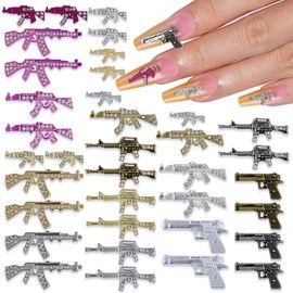 kikonoke 36 Pieces Gun Nail Charms with Rhinestones 3D Pink White Black Metal Nail Gems Gold Silver Nail Accessories Women Nail Decorations for Acrylic Nails DIY Nail Design Craft Jewelry Making