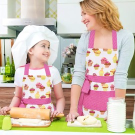 Claswcalor 2 Pack 100% Cotton Parent and Child Aprons, Cupcake Pattern Cute Baking Apron Adjustable Kitchen Apron for Women and Children Daughters Little Girls