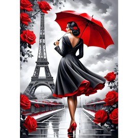 MXJSUA 5D DIY Lady in Red Paris Diamond Painting, DIY Diamond Painting Full Kit, Diamond Painting Craft Rhinestone Cross Stitch Painting for Adults, 30x40 cm