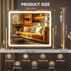 Hasipu Vanity Mirror with Lights, 25" x 21" LED Makeup Mirror, Light up Mirror with 10X Magnification and Phone Holder, USB Charging Port, Smart Touch 3 Colors Dimmable, 360° Rotation (Gold)