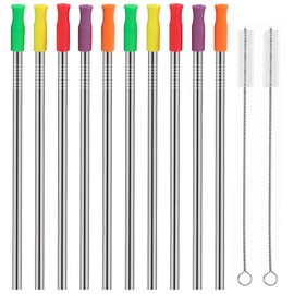 HuaQi Stainless Steel Metal Straws with Silicone Tips Set of 10 Straight Reusable Drinking Straws for 20oz 30oz Tumblers (10.5'' L 0.24''Dia Staw + 2 Brushes)