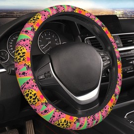 Yiohaha 90s-Style Pattern with Neon Pink Steering Wheel Cover 15 Inch Car Truck SUV Universal Steering Wheel Cover Durable Protector Car Accessories