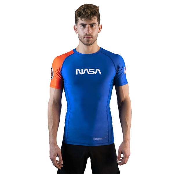 Sanabul NASA - Protector de compresión de manga corta MMA BJJ para entrenamiento cruzado, Azul/Naranja, Medium