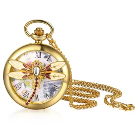 Oidea Mens Womens Pocket Watch: Gold Tone Hollow Embossed Dragonfly Decoration Roman Numeral Dial Analog Quartz Pocket Watches with Chain Graduation Christmas Birthday Gifts