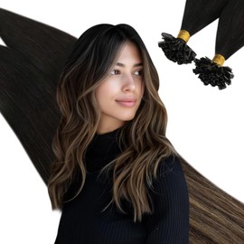 Ugeat Balayage Bonding Extensions, U Tip Real Hair Extensions, Bonds, Black to Caramel Blonde to Dark Brown, 35 cm, 50 Strands/Pack