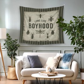 WAITPI Long Live Boyhood Insects Beetles Bee Dragonfly Bugs Hanging Wall Tapestry for Boys Kids Room, Vintage Green Retro Wall Tapestries Decor for Toddler Room Dorm Playroom Nursery Classroom 50x60in