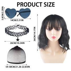 MUNSKT 4-Teiliges Set: Schwarze Kurzhaarperücke mit Fransen, Inklusive Haarnetz, Sonnenbrille und Halskette - Ideal für Partys, Cosplay, Historische Kostüme und Alltag - Kurzhaarperücke für Damen