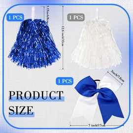 Hanaive 3 Pcs Plastic Cheerleading Pom Poms and Large Cheerleader Hair Bow Metallic Foil Pompoms Cheer for Teen Cheering Squad Dance Rooters Accessories (White)(Blue White,Classic Matte)