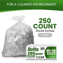 Betta 20-30 Gallon Clear Trash Bags, 250 Count Box, (30x44-inch) Commercial Heavy-Duty Garbage and Recycling Can Liners 16-20 Gallon Round Cans, 15-23 Gallon Slim and Square Cans