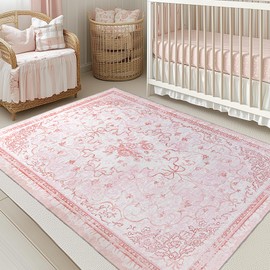 Pink Rug for Nursey Girl Bedroom 5x8 - Cute Bow Coquette Room Decor for Teen Girls Aesthetic,Washable Light Pink and White Cottage Core Floral Scalloped Rug for Dorm Room College Students Playroom