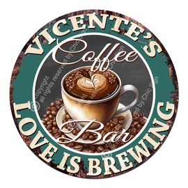 VICENTE’S Coffee Bar Love is brewing Rustic Shabby Vintage style Retro Kitchen Bar Pub Coffee Shop man cave Garage Decor Mother's Father's Vanentines day Gift Ideas