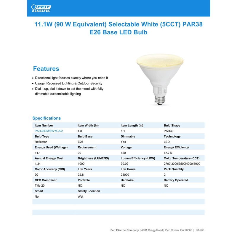 Feit Electric PAR38 LED Light Bulb, 90W Equivalent, Dimmable, Color