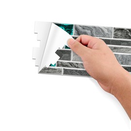 Vinyl 2D Grey-Turquoise Marble Tiles backsplash Peel and Stick Set of 25 Pcs 9.68 * 4.72 inch,Waterproof Wallpaper Tile Stickers for Kitchen Bathroom Restaurant Apartment Wall Renovation or Decor