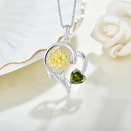 BELRYO Sunflower Necklace Women's Necklace 925 Sterling Silver Heart Shaped Necklaces Birthday Jewelry Sunflower Gifts for Women August Birthstone Peridot Color