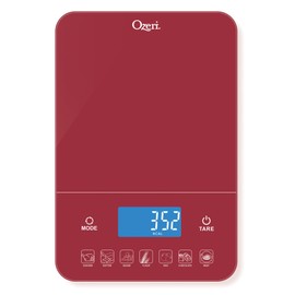Ozeri Touch III 22 lb (10 kg) Digital Kitchen Scale with Calorie Counter in Tempered Glass, Red Engine