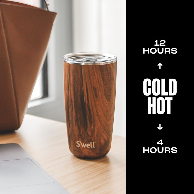 S'well Stainless Steel Tumbler with Slide-Open Lid, 18oz, Teakwood, Triple