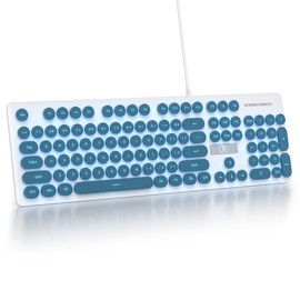 surmen Cute Quiet Keyboard Blue Wired Typewriter Keyboard, Light Up Backlit PC Keyboards with Retro Round Keys Full Size 104 Keys for Office Computer (Blue)