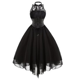 Women's Sleeveless Gothic Lace Dress 80s Fancy Dress Corset Halter Lace Swing Cocktail, black