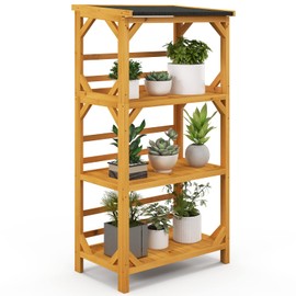 Giantex Plant Stand with Roof - 54'' Outdoor Storage Shelves, 3-Tier Wooden Plant Rack with Weatherproof Asphalt Roof, Garden Shed Utility Tool Organizer for Patio Garden Balcony Deck, Load 200lbs