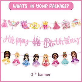 Princess Birthday Party Decorations Banner - 3 Pcs Pink Glitter Happy Birthday Banner Funny Sweet Garland For Girls Princess Theme Party Decor Supplies