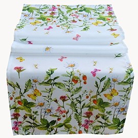 Raebel Table Runner 40 x 140 cm Table Cloth Table Topper Easter Table Decoration Spring White Colourful Flowers and Butterflies
