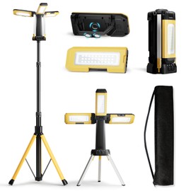 10000mAh Rechargeable LED Work Light with Stand, 3200 Lumens 4.8ft Telescoping Tripod, 2 Detachable Magnetic Lamp Panels, Cordless Garage Workshop Light for Car Repair Inspection Jobsite