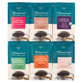 Teeccino Dandelion Herbal Coffee Sampler – 6 Trial-Size Packets – Dark Roast, Caramel Nut, Coconut, Vanilla Nut, Mocha, Mocha Mint – Caffeine-Free, Gluten-Free, Prebiotic Dandelion Coffee Alternatives