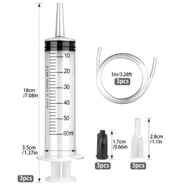 LDKJ 60ml Syringe Plastic Syringe with Tube and Connector Fluid Suction Syringe Individual Package 3 Pcs Needleless Syringes for Lab Measurements and Feeding Pets