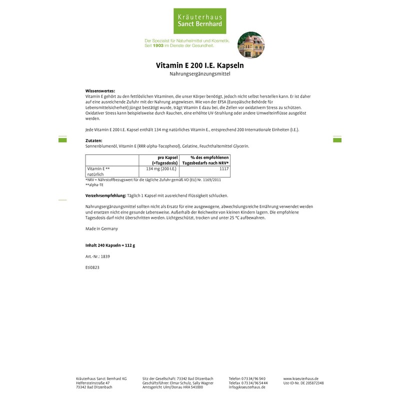 Sanct Bernhard Vitamin E 200 IU Capsules, 240 Capsules