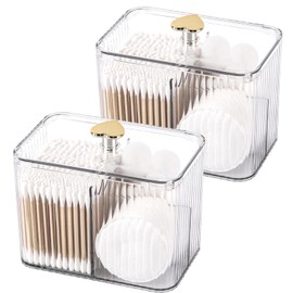 Tbestmax Qtip Holder Dispenser 3-Section Clear Bathroom Organizer Jar 3 Grids Cotton Swab/Pad/Ball Holder Container Cosmetics Storage for Vanity(2 Pack)