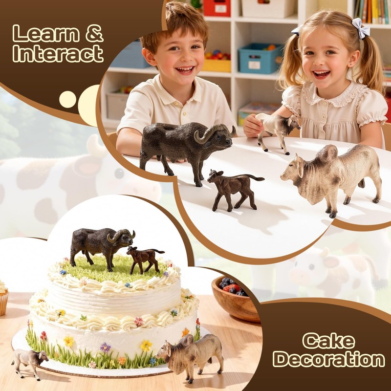 Totsmile 4PCS Farm Animals Cow Figurines, African Buffalo Bull Toys