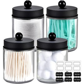 4 Pack Apothecary Jars Bathroom Vanity Storage Organizer Set -Countertop Canister with Stainless Steel Lids &Cute Stickers - Qtip Dispenser Holder for Qtips,Cotton Swabs,Makeup Sponges(Black) - Color: Gold