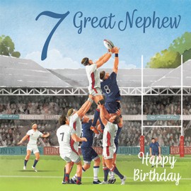 Hunts England - 7th Great Nephew Rugby Birthday Card - Milo's Gallery - Age 7 Sport Fun Birthday Card For Great Nephew - Birthday Card For 7 Year Old Rugby Fan - Age Seven