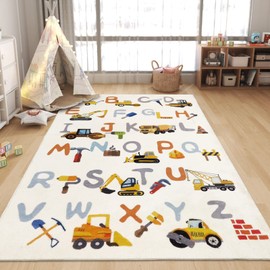 Abeigoi Kids ABC Rug 4x6Ft Large Construction Vehicle Play Mat Rug Pad Boys Bedroom Nursery Carpet Digger Playtime Alphabet Rug Truck Child Letter Rug Soft Engineering Playroom Rug, Easy Washable Rug