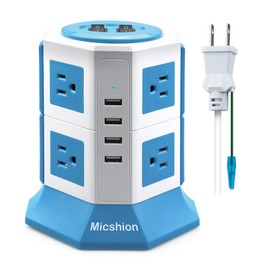 Micshion Power Strip Tower Outlet 2 Bipolar Switches AC 8 Ports USB 4 Ports (4.5A/5V) 1500W Input 100V-125V Fast Charging Lightning Protection Overload Protection Extension Cord 6.6 ft (2 m) for