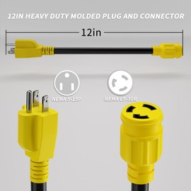 PlugSaf 3 Prong 15 Amp to 30 Amp RV Generator Adapter Cord, NEMA 5-15 Male Plug to NEMA L5-30 Female Plug, 12 Inch(1 FT) 10 Gauge STW Heavy Duty Power Cord, Max 15A 125V 1875W, Yellow, ETL Listed