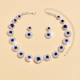 Janiasly Vintage Sparkling Crystal Rhinestone Necklace Earrings Set Gorgeous Sapphire Ruby Emerald Gem Jewelry Drop Earrings Costume Party Prom Festival Accessory for Women Bride Bridesmaid (Blue)