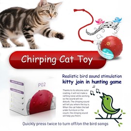 Petayouj Interactive Cat Toys Ball - 2025 New Gen with Smart Obstacle Avoidance,Bird Chirps & Auto Wake-Up,Includes 1 Speedy Tail 2.0 Ropes, Ideal Kitten Toys for Bored Indoor Cats (Red)