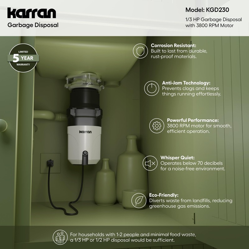 Karran 1/3 HP Quiet Garbage Disposal with Power Cord –