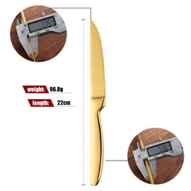 QRU 6-Piece Serrated Steak Knife Set, Stainless Steel Kitchen & Dinner Knives - Ultra Sharp, Dishwasher Safe, Heavy Duty for Meat, Beef & Family Meals, 8.6 Inch (Gold)