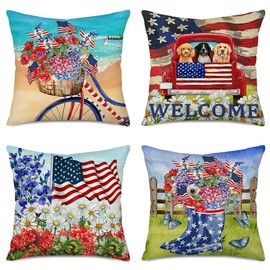 Tlovudori 4th of July Flag Bike Floral Pillow Covers Patriotic Memorial America Flag Independence Day Boot USA Truck Dog Throw Pillowcase for Home Decor Couch Cushion Case Cover,4Pcs,18"X18"