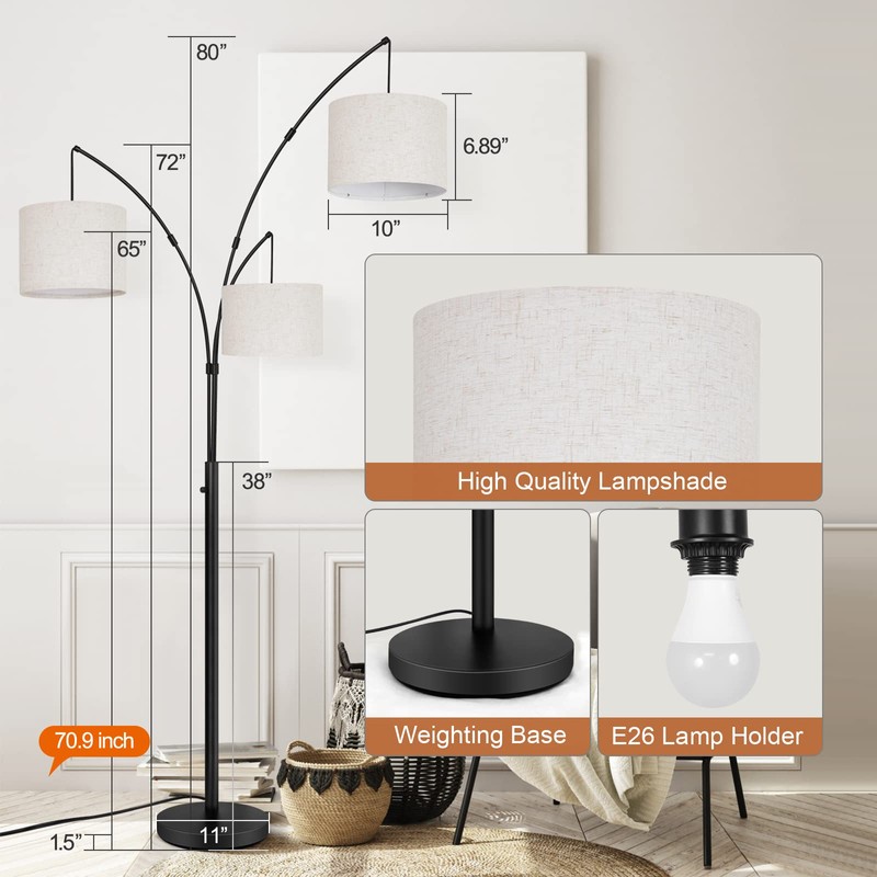 OUTON Arc Led Floor Lamp, Modern Black 3 Light Arched