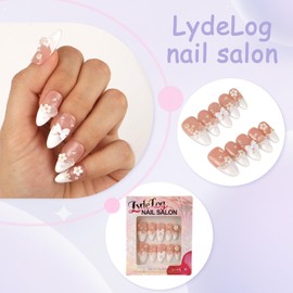 LydeLog White Series Handmade 3D Floral French Tip Design - Medium Almond Shape with Crystal Roses & Pearl Bow 10ps(Ultimate Purity - S)