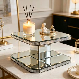 GIMORRTO Mirrored Display Riser with Rhinestone Trim, Two-Tier Square Stand, Decorative Glass Platform (6 inches high)