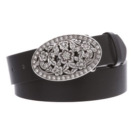 1 1/2" Women's Snap On Belt With Oval Perforated Engraved Crystal Rhinestone Western Floral Buckle, Black | m (33"~35" waist)
