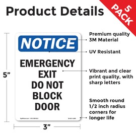 Emergency Exit Do Not Block Door OSHA Notice Vinyl Decal Label 5 Inch x 3.5 Inch - 5 Pack