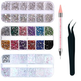 Pack of 4200 Rhinestones Nail Art, 36 Colours Glitter Stones, Decorations Nail Stones for Nail Art Accessories and Clear Crystal Rhinestones with Rhinestone Picker Tweezers and Dotting Pen
