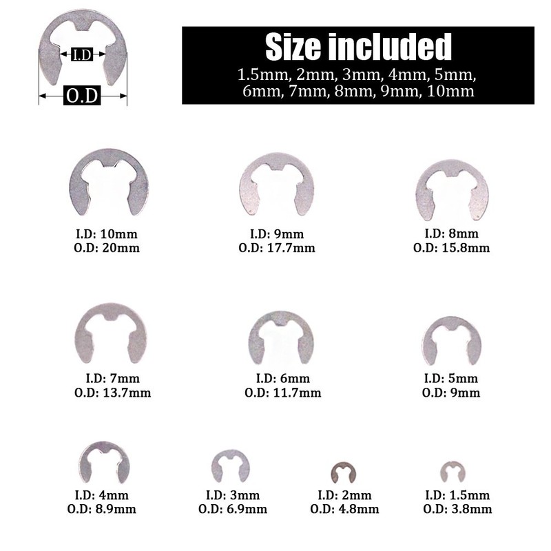 Hilitchi 300-Pcs 304 Stainless Steel E-Clip Circlip External Retaining Ring